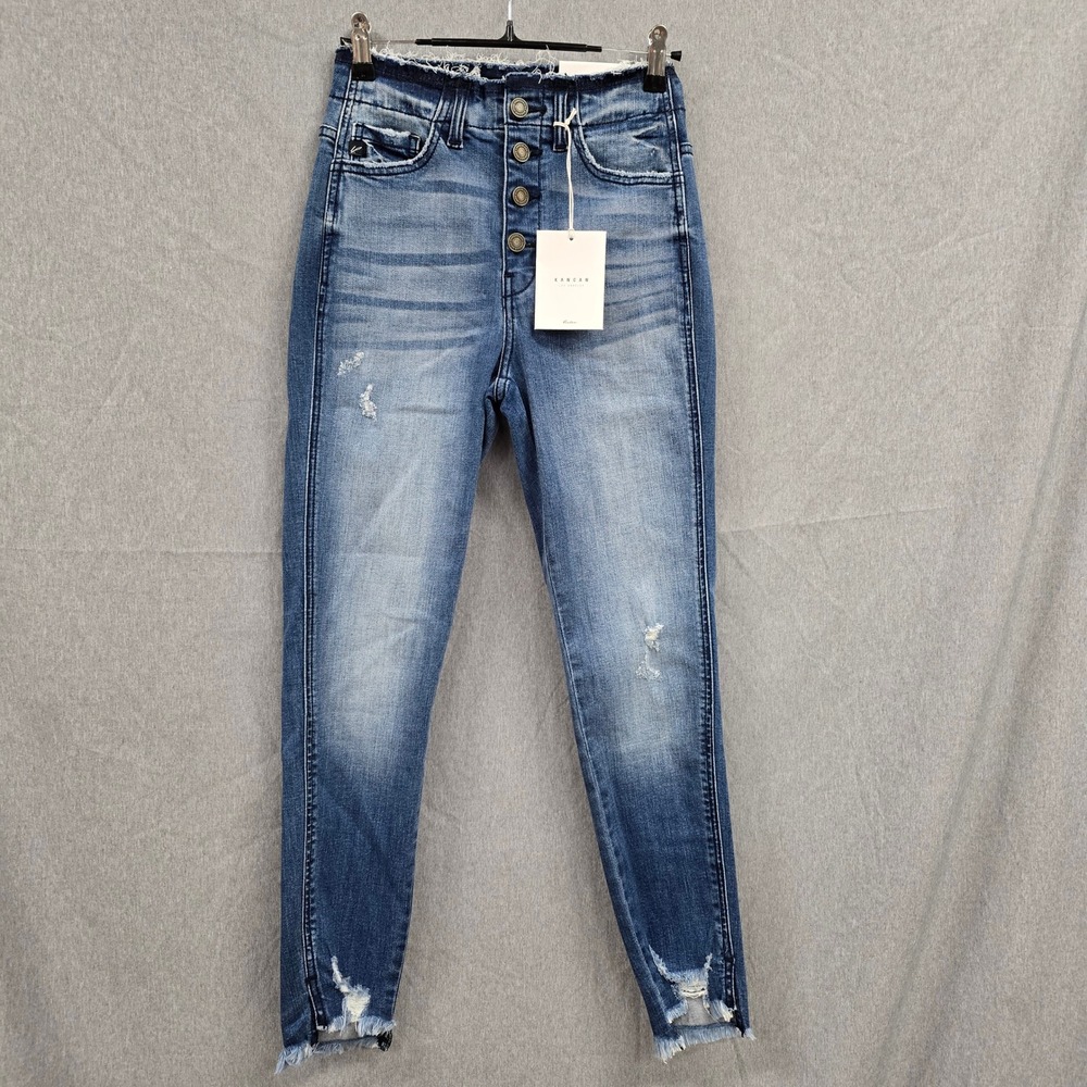 KanCan High Rise Ankle Skinny Jeans Button Fly Distressed Blue Denim Size 5/26